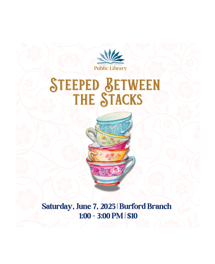 Steeped Between the Stacks Poster with whimsical teacups stacked