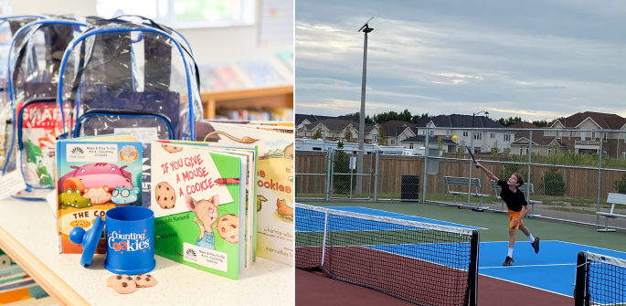 Two images: the first features a short row of three clear backpacks each containing childrens books and related toys; the second shows a young boy playing pickle ball on a pickle ball court.