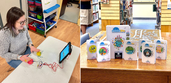 Two pictures. The first, shows a woman playing with a makey-makey kit from the library and playing music with wires hooked up to bananas. The second, showcases a Moonlight nighttime storybook projector and available stories sitting on a table top.