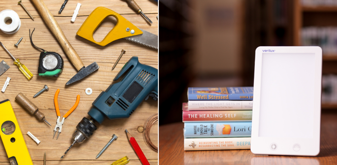 Two images: the first is a stylized overhead view of common household tools and a drill arranged on a table top; the second features a small stack of self-help books and a Verilux therapy light.