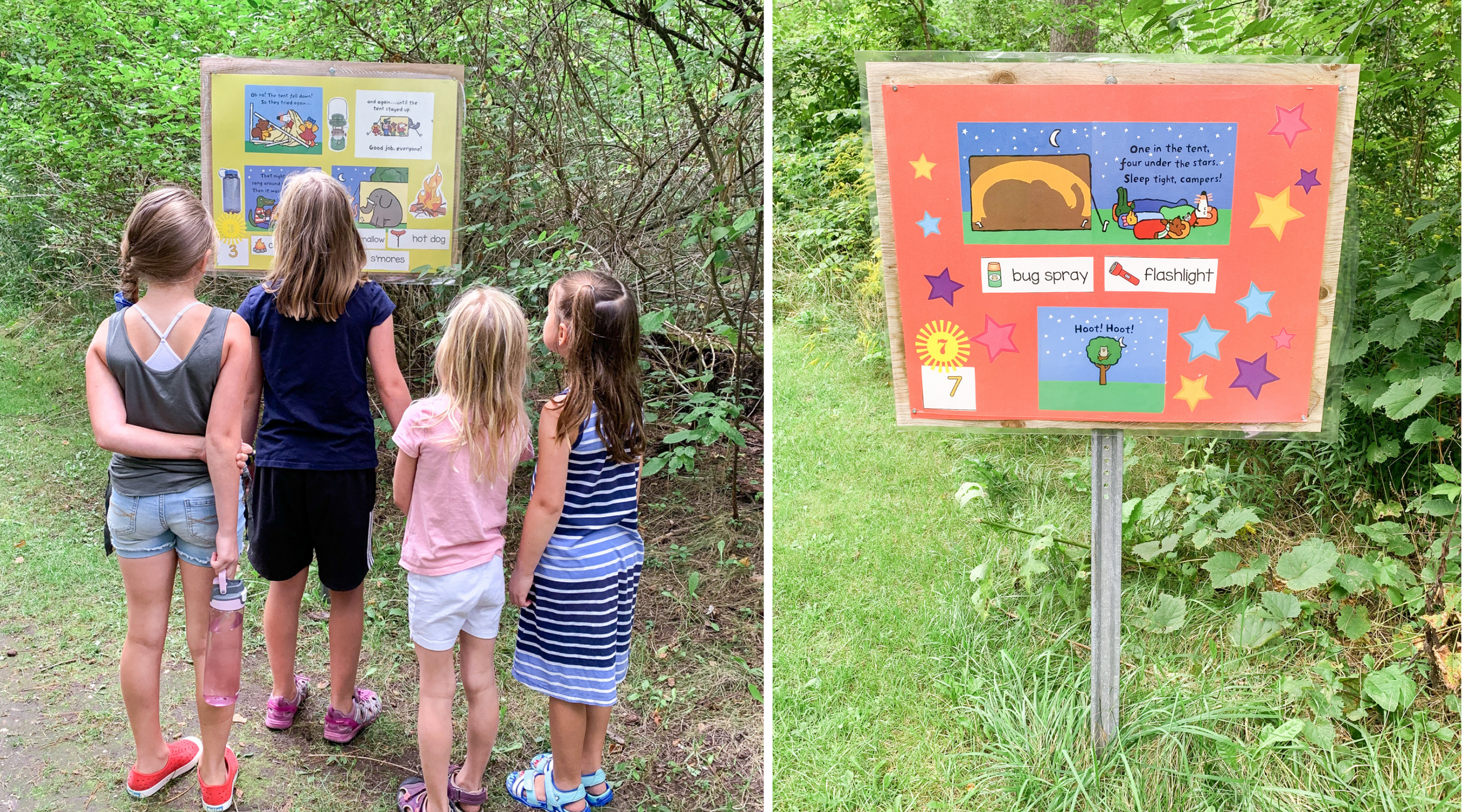 Two images. The first features four school-aged girls reading a story posted in a park. The second features a board on a post with pictures and words from the story on it.