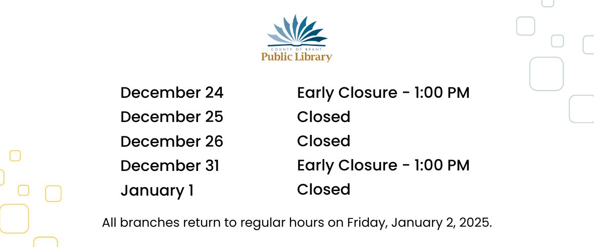 Holiday Hours on a Branded Graphic with small square details and the CBPL logo