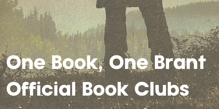 Graphic featuring wilderness grasses and treeline from the Ridgerunner book cover. Text reads, "One book, one brant official book clubs."