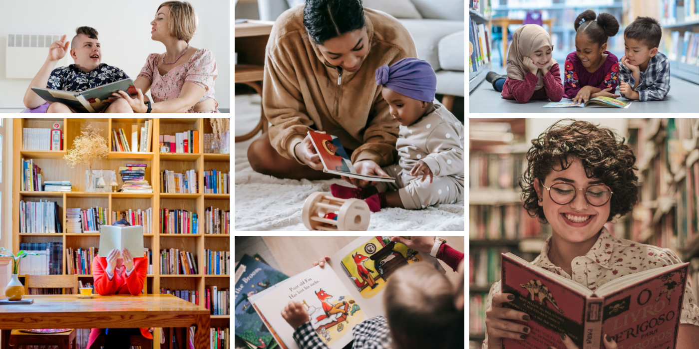 Collage featuring pictures of a diverse set of people reading.