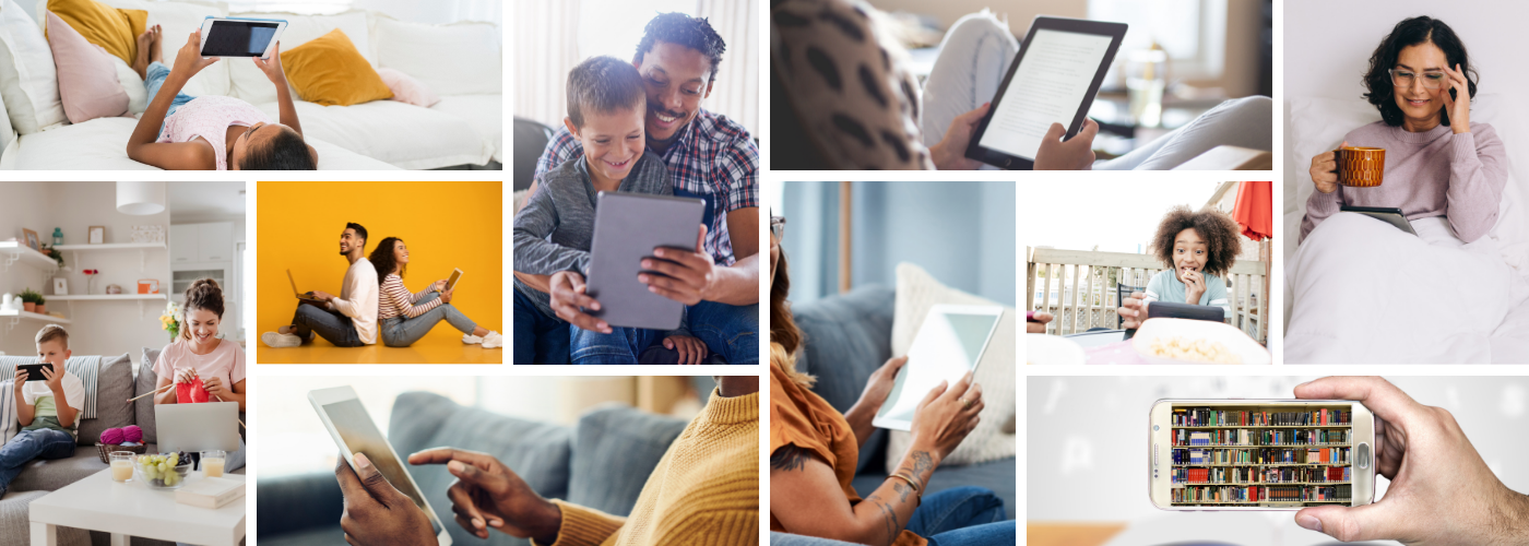 Images of diverse individuals reading or streaming on their tablets.