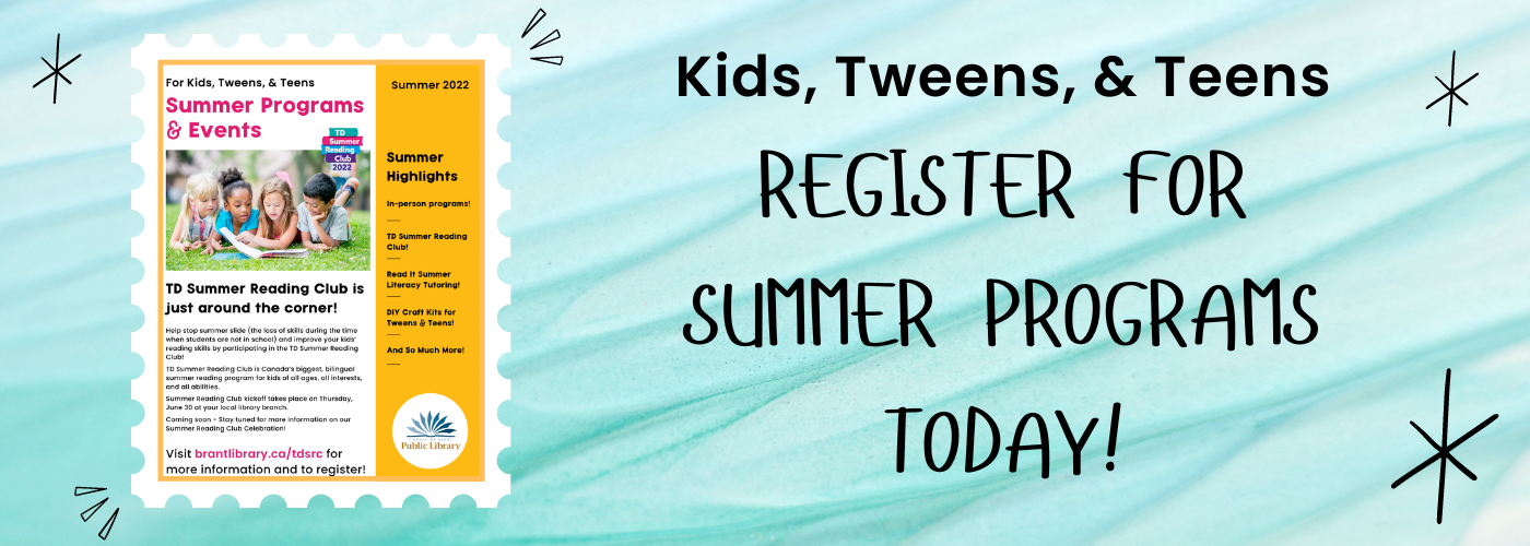 Graphic featuring text that reads, "Kids, tweens, and teens. Register for summer programs today!"