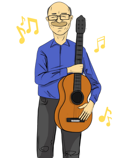Cartoon drawing of local Brant County children's entertainer, Paul Fralick - the Lone Rhubarbarian. Cartoon Paul is holding a guitar upright and is wearing a medium-blue dress shirt and glasses.