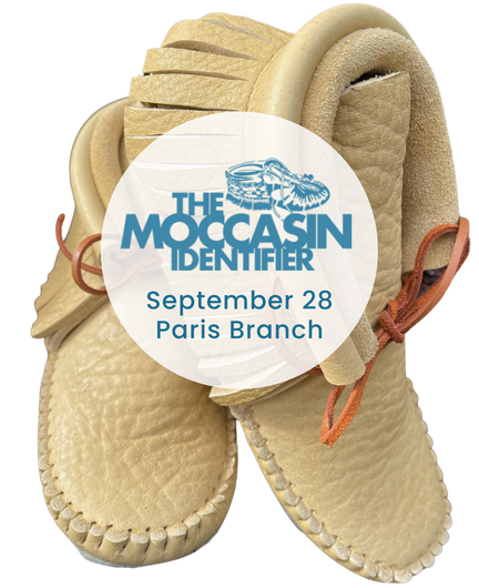 A pair of light-coloured leather moccasins. A circle graphic is placed overtop the moccasins and text reads, "The Moccasin Identifier Project. September 28. Paris Branch."