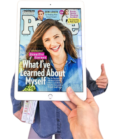 A tablet device features Jennifer Garner on the cover of People Magazine. The tablet is held in front of a person to look like they are one and the same image.