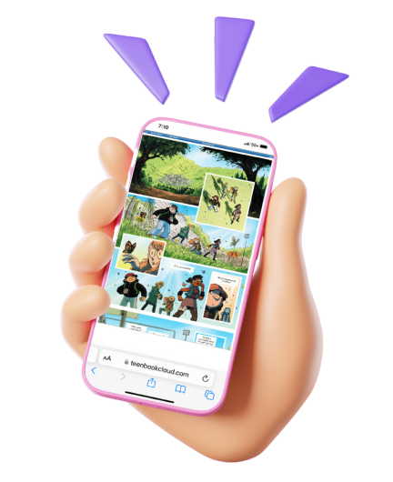 A cartoonish hand holds up a smartphone. The screen on the phone displays a graphic novel from TeenBookCloud.
