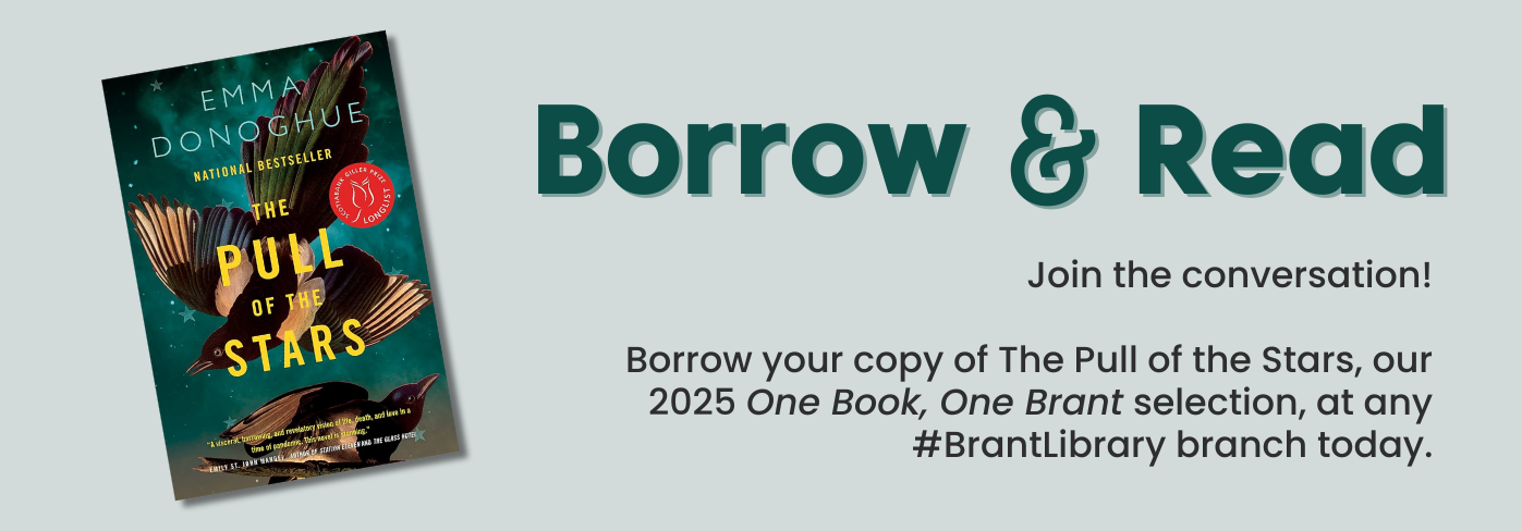 Text reads, "One Book One Brant presents The Fake by Zoe Whittall. Borrow the book and join other readers in May for exciting events, including our annual author meet-and-greet!"