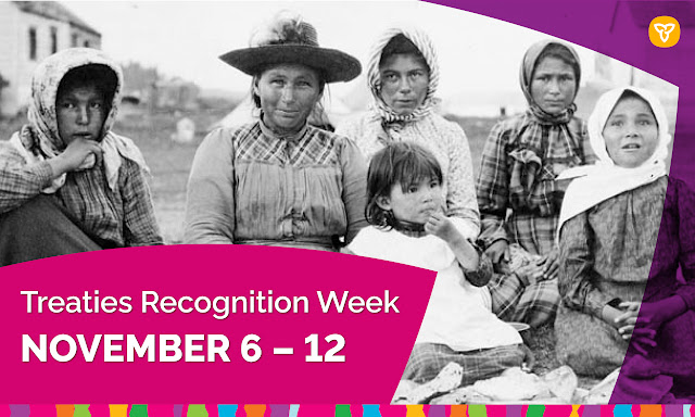 Various images of Indigenous leaders and officials. Text across graphic reads, "Listen and learn from Indigenous voices on treaties."
