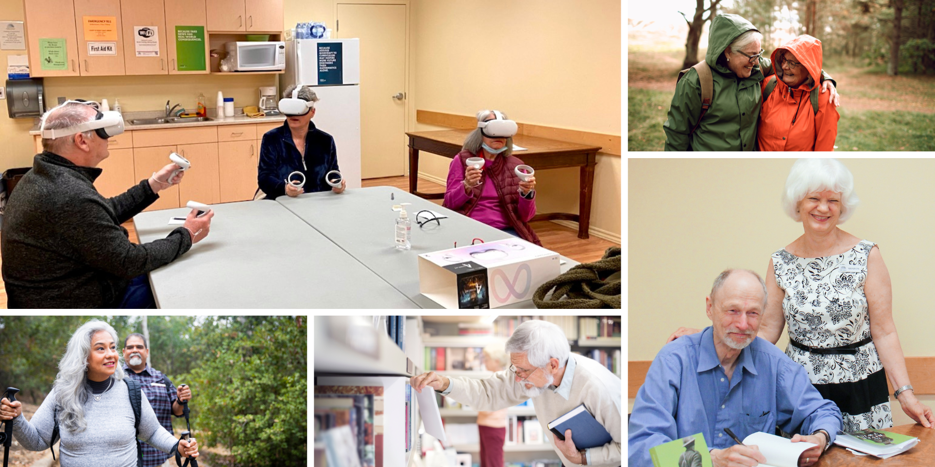 A collage of images featuring seniors enjoying hiking, games, virtual reality, and other programming.