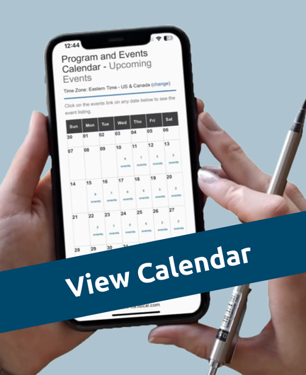 A photo of a cell phone. The screen on the phone displays the Brant Library's LibCal page. There is a banner with the words "View Calendar" overtop.